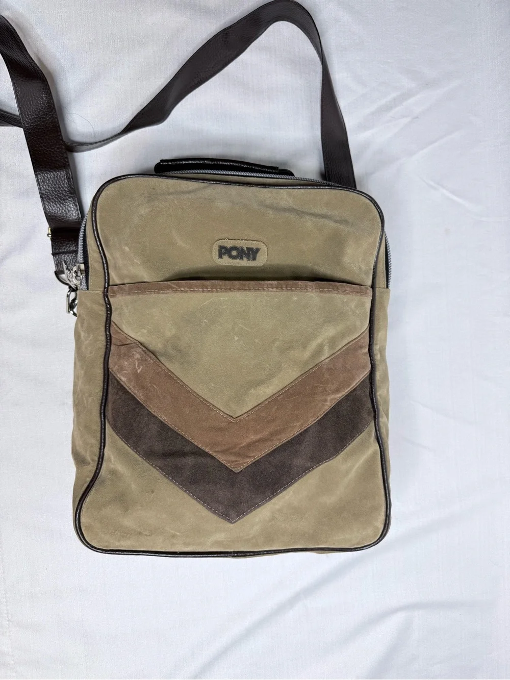 Vintage Y2K PONY Messenger Bag Brown Tan Suede Crossbody Shoulder Bag 2000s